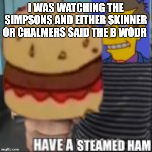 Have a steamed ham | I WAS WATCHING THE SIMPSONS AND EITHER SKINNER OR CHALMERS SAID THE B WODR | image tagged in have a steamed ham | made w/ Imgflip meme maker