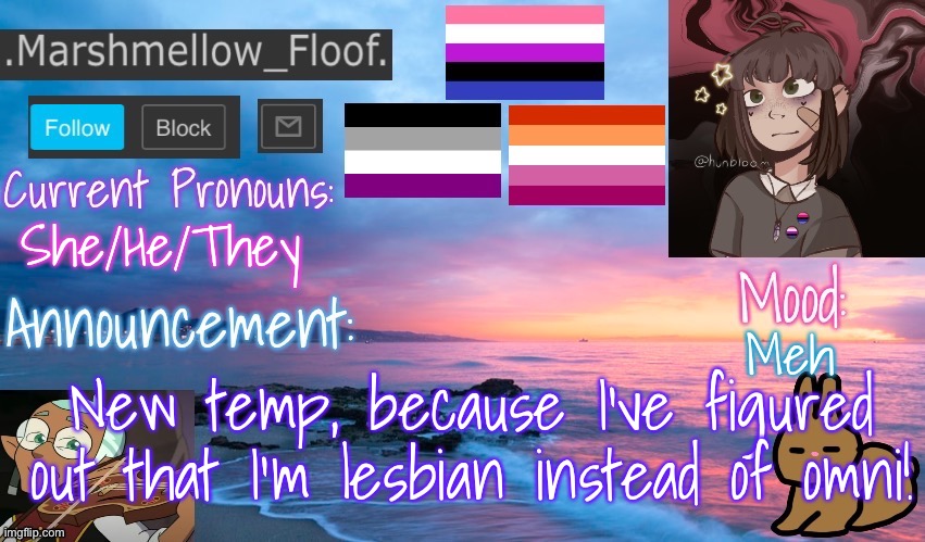 Male attraction, get in the bin!!!! (lmao) | She/He/They; Meh; New temp, because I’ve figured out that I’m lesbian instead of omni! | image tagged in marshmellow_floof s announcement temp thingy | made w/ Imgflip meme maker