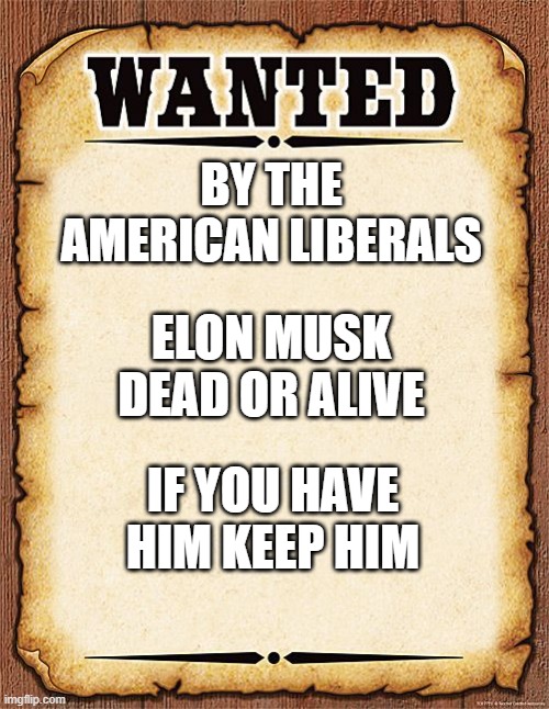 wanted poster | BY THE AMERICAN LIBERALS; ELON MUSK DEAD OR ALIVE; IF YOU HAVE HIM KEEP HIM | image tagged in wanted poster | made w/ Imgflip meme maker