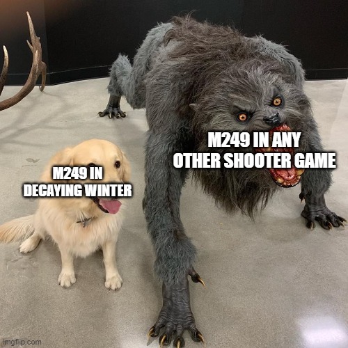 why archeximus make the M249 have shit dps | M249 IN ANY OTHER SHOOTER GAME; M249 IN DECAYING WINTER | image tagged in good dog scary dog | made w/ Imgflip meme maker