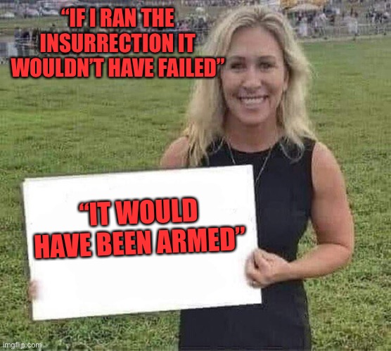 marjorie taylor greene | “IF I RAN THE INSURRECTION IT WOULDN’T HAVE FAILED”; “IT WOULD HAVE BEEN ARMED” | image tagged in marjorie taylor greene | made w/ Imgflip meme maker