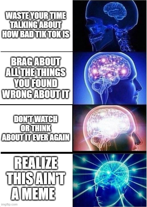 TIK TOK | WASTE YOUR TIME TALKING ABOUT HOW BAD TIK TOK IS; BRAG ABOUT ALL THE THINGS YOU FOUND WRONG ABOUT IT; DON'T WATCH OR THINK ABOUT IT EVER AGAIN; REALIZE THIS AIN'T A MEME | image tagged in memes,expanding brain | made w/ Imgflip meme maker