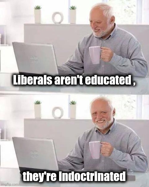 Hide the Pain Harold Meme | Liberals aren't educated , they're indoctrinated | image tagged in memes,hide the pain harold | made w/ Imgflip meme maker