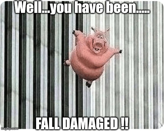 Pig jumping off | Well...you have been..... FALL DAMAGED !! | image tagged in pig jumping off | made w/ Imgflip meme maker
