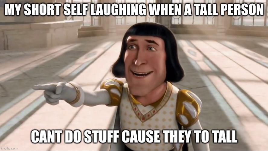 Farquaad Pointing | MY SHORT SELF LAUGHING WHEN A TALL PERSON; CANT DO STUFF CAUSE THEY TO TALL | image tagged in farquaad pointing | made w/ Imgflip meme maker