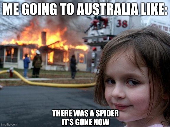 it’s gone now.. | ME GOING TO AUSTRALIA LIKE:; THERE WAS A SPIDER
IT’S GONE NOW | image tagged in memes,disaster girl,spider | made w/ Imgflip meme maker