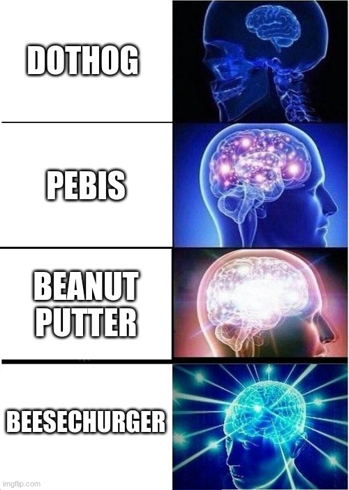 Expanding Brain Meme | DOTHOG; PEBIS; BEANUT PUTTER; BEESECHURGER | image tagged in memes,expanding brain | made w/ Imgflip meme maker