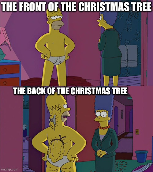 I was just bored:) | THE FRONT OF THE CHRISTMAS TREE; THE BACK OF THE CHRISTMAS TREE | image tagged in homer simpson's back fat | made w/ Imgflip meme maker