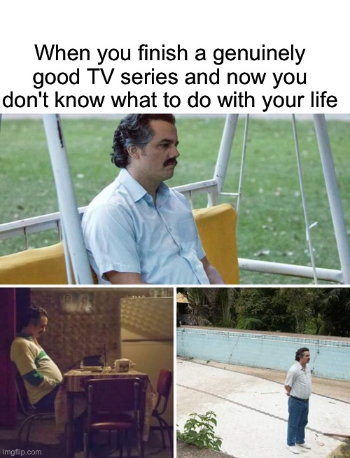 One of the most depressing feelings… | When you finish a genuinely good TV series and now you don't know what to do with your life | image tagged in memes,blank transparent square,sad pablo escobar | made w/ Imgflip meme maker