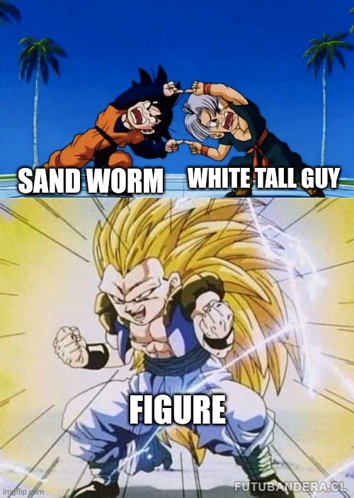 this is how figure from doors created | WHITE TALL GUY; SAND WORM; FIGURE | image tagged in dbz fusion,roblox | made w/ Imgflip meme maker