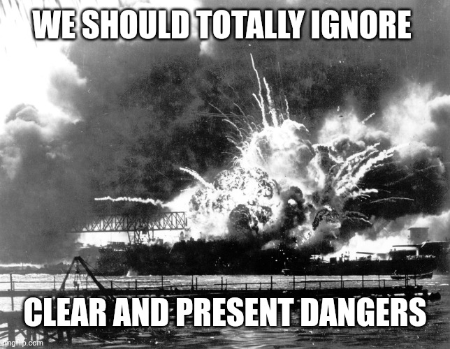 Pearl Harbor | WE SHOULD TOTALLY IGNORE CLEAR AND PRESENT DANGERS | image tagged in pearl harbor | made w/ Imgflip meme maker