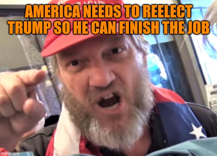 Angry Trumper MAGA White Supremacist | AMERICA NEEDS TO REELECT TRUMP SO HE CAN FINISH THE JOB | image tagged in angry trumper maga white supremacist | made w/ Imgflip meme maker