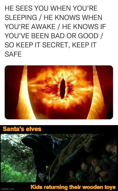 No returns! | Santa's elves; Kids returning their wooden toys | image tagged in christmas presents,lord of the rings,funny | made w/ Imgflip meme maker