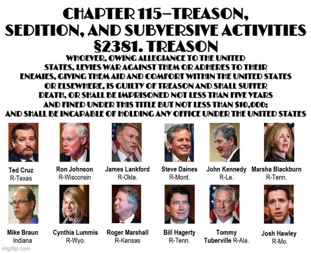 CHAPTER 115—TREASON, SEDITION, AND SUBVERSIVE ACTIVITIES§2381. Treason | CHAPTER 115—TREASON, SEDITION, AND SUBVERSIVE ACTIVITIES
§2381. TREASON; WHOEVER, OWING ALLEGIANCE TO THE UNITED STATES, LEVIES WAR AGAINST THEM OR ADHERES TO THEIR ENEMIES, GIVING THEM AID AND COMFORT WITHIN THE UNITED STATES OR ELSEWHERE, IS GUILTY OF TREASON AND SHALL SUFFER DEATH, OR SHALL BE IMPRISONED NOT LESS THAN FIVE YEARS AND FINED UNDER THIS TITLE BUT NOT LESS THAN $10,000; AND SHALL BE INCAPABLE OF HOLDING ANY OFFICE UNDER THE UNITED STATES | image tagged in treason,sedition,subversive,crime,constitution,enemy | made w/ Imgflip meme maker