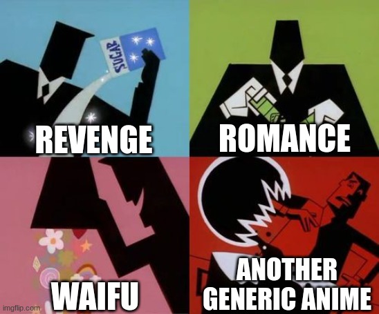 Powerpuff Girls Creation | REVENGE ROMANCE WAIFU ANOTHER GENERIC ANIME | image tagged in powerpuff girls creation | made w/ Imgflip meme maker