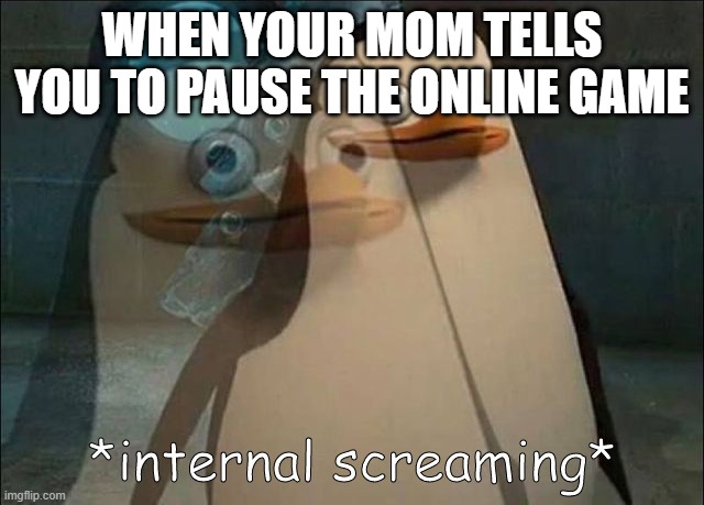 Private Internal Screaming | WHEN YOUR MOM TELLS YOU TO PAUSE THE ONLINE GAME | image tagged in private internal screaming | made w/ Imgflip meme maker