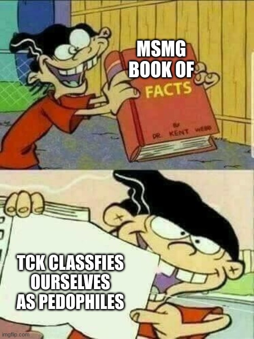 Book of facts | MSMG BOOK OF; TCK CLASSFIES OURSELVES AS PEDOPHILES | image tagged in book of facts | made w/ Imgflip meme maker