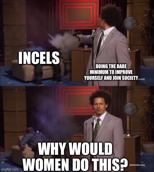 Why would X do this | INCELS; DOING THE BARE MINIMUM TO IMPROVE YOURSELF AND JOIN SOCIETY; WHY WOULD WOMEN DO THIS? | image tagged in why would x do this | made w/ Imgflip meme maker