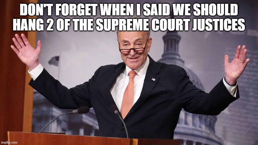 Chuck Schumer | DON'T FORGET WHEN I SAID WE SHOULD HANG 2 OF THE SUPREME COURT JUSTICES | image tagged in chuck schumer | made w/ Imgflip meme maker