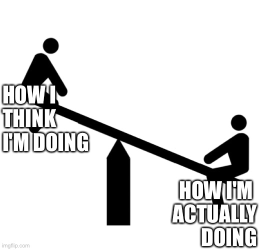 Optimism - a different reality to actual reality. His I think I'm doing | HOW I THINK I'M DOING; HOW I'M 
ACTUALLY DOING | image tagged in seesaw mood swings,optimism,how i think i'm doing,reality,reality check | made w/ Imgflip meme maker