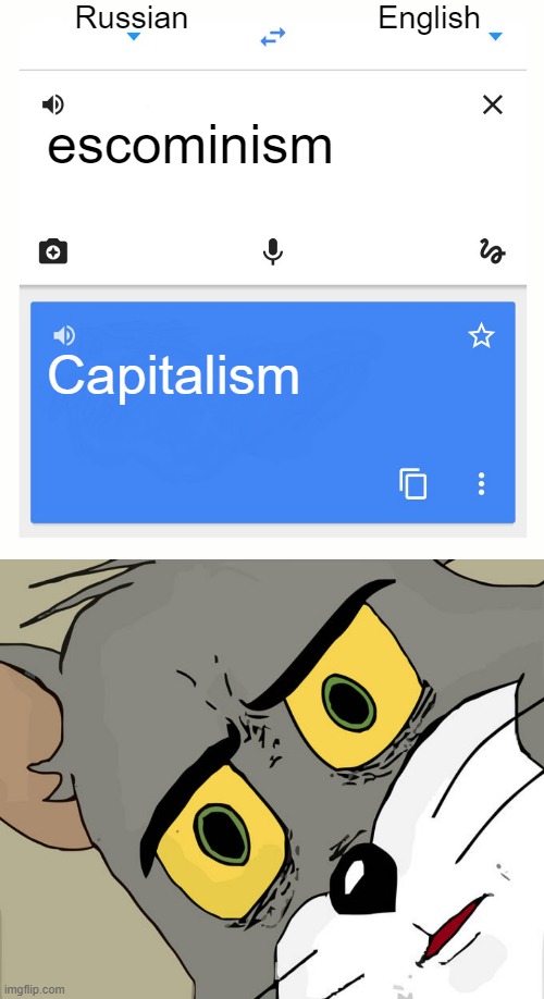 I don't think that means what you think it means | Russian; English; escominism; Capitalism | image tagged in communism,capitalist and communist,capitalism,communism and capitalism | made w/ Imgflip meme maker