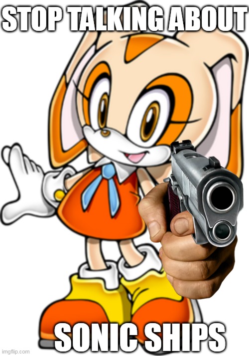 no one wants ur frecking ships | STOP TALKING ABOUT; SONIC SHIPS | image tagged in cream the rabbit sonic adventure design,shut,sonic the hedgehog | made w/ Imgflip meme maker