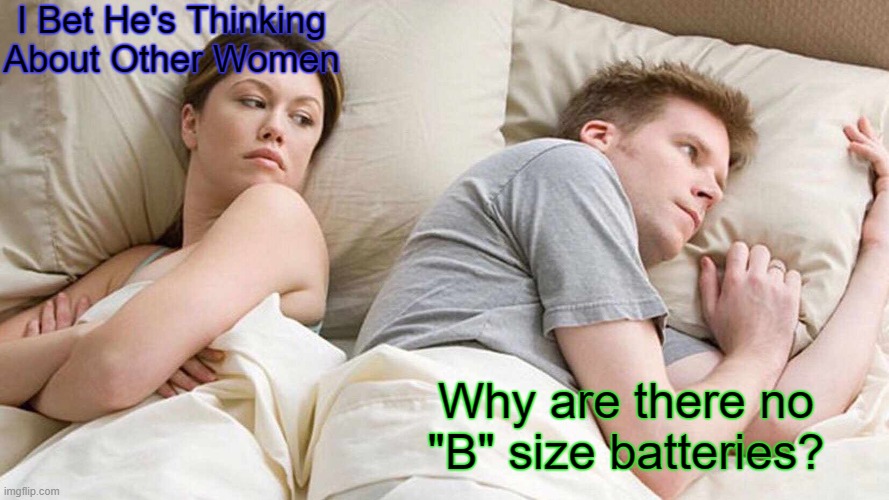 Hmmm? | I Bet He's Thinking About Other Women; Why are there no "B" size batteries? | image tagged in memes,i bet he's thinking about other women | made w/ Imgflip meme maker