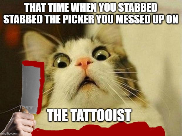 murderous tattooist | THAT TIME WHEN YOU STABBED STABBED THE PICKER YOU MESSED UP ON; THE TATTOOIST | image tagged in memes,scared cat | made w/ Imgflip meme maker