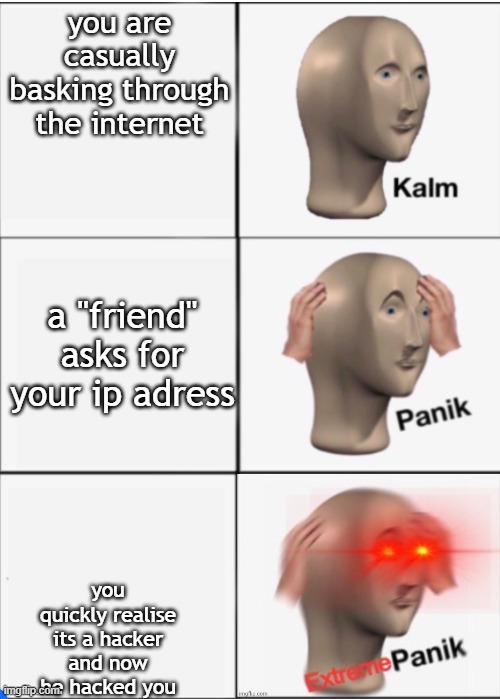 AAAAAAAAAAAAAAWWW SHUCKS AND ALL I WANTEDE TO DO WAS WACH MEMES ON IMGFLIP DAWG! | you are casually basking through the internet; a "friend" asks for your ip adress; you quickly realise its a hacker and now he hacked you | image tagged in kalm panik extrem panik,memes,wanted,hax,hackerman,hacker | made w/ Imgflip meme maker