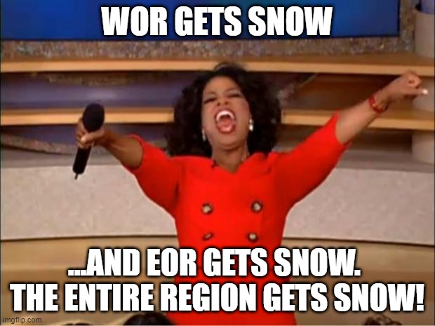 Oprah You Get A Meme |  WOR GETS SNOW; ...AND EOR GETS SNOW.  THE ENTIRE REGION GETS SNOW! | image tagged in memes,oprah you get a | made w/ Imgflip meme maker