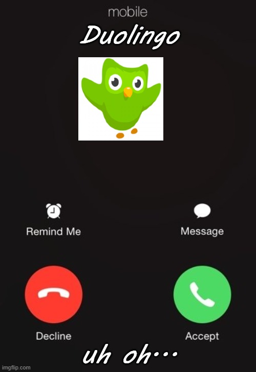 uh oh how did he find my phone number..? |  Duolingo; uh oh... | image tagged in incoming call,duolingo bird | made w/ Imgflip meme maker