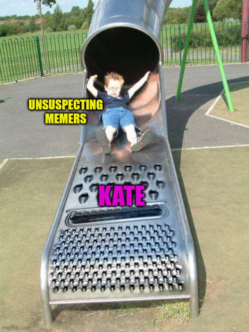 Cheese Grater Slide | UNSUSPECTING MEMERS KATE | image tagged in cheese grater slide | made w/ Imgflip meme maker