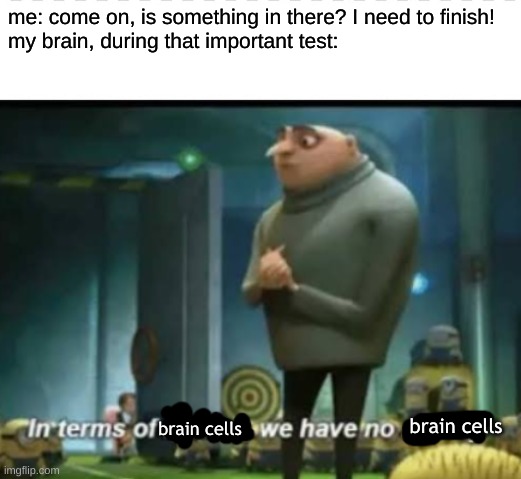 i hate it when i feel like i have no knowledge | me: come on, is something in there? I need to finish!
my brain, during that important test:; brain cells; brain cells | image tagged in in terms on something we have no something | made w/ Imgflip meme maker