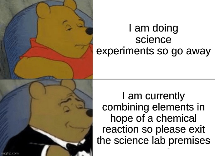 Tuxedo Winnie The Pooh | I am doing science experiments so go away; I am currently combining elements in hope of a chemical reaction so please exit the science lab premises | image tagged in memes,tuxedo winnie the pooh | made w/ Imgflip meme maker