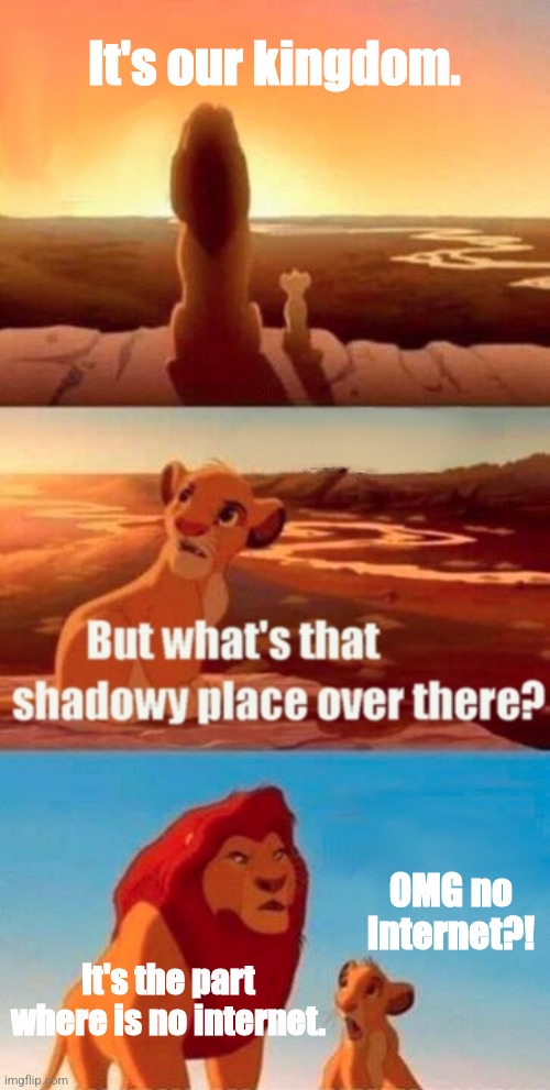 No internet | It's our kingdom. OMG no internet?! It's the part where is no internet. | image tagged in memes,simba shadowy place | made w/ Imgflip meme maker
