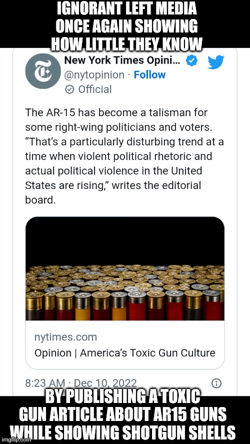 Liberal Logic 102 | IGNORANT LEFT MEDIA
ONCE AGAIN SHOWING HOW LITTLE THEY KNOW; BY PUBLISHING A TOXIC GUN ARTICLE ABOUT AR15 GUNS
WHILE SHOWING SHOTGUN SHELLS | image tagged in leftists,democrats,new york times,liberals,biden,2nd amendment | made w/ Imgflip meme maker