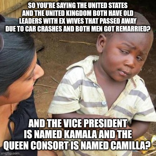 Huh | SO YOU'RE SAYING THE UNITED STATES AND THE UNITED KINGDOM BOTH HAVE OLD LEADERS WITH EX WIVES THAT PASSED AWAY DUE TO CAR CRASHES AND BOTH MEN GOT REMARRIED? AND THE VICE PRESIDENT IS NAMED KAMALA AND THE QUEEN CONSORT IS NAMED CAMILLA? | image tagged in memes,third world skeptical kid | made w/ Imgflip meme maker