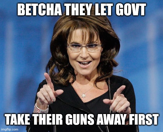 Sarah Palin Two Finger Pointing | BETCHA THEY LET GOVT TAKE THEIR GUNS AWAY FIRST | image tagged in sarah palin two finger pointing | made w/ Imgflip meme maker