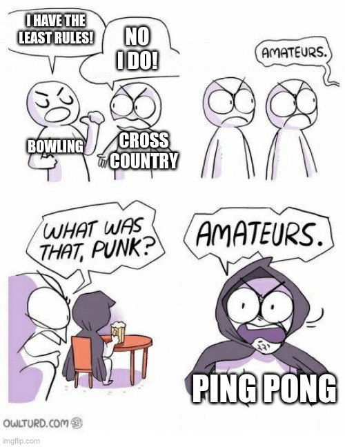 Amateurs | I HAVE THE LEAST RULES! NO I DO! BOWLING; CROSS COUNTRY; PING PONG | image tagged in sports | made w/ Imgflip meme maker