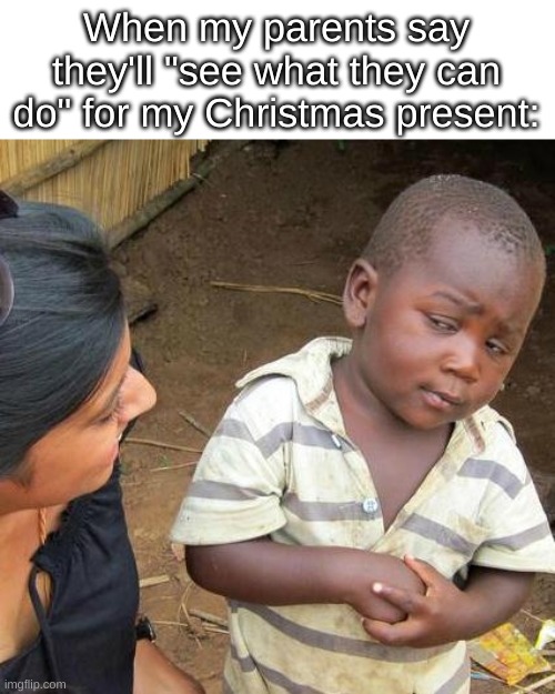 JUST TELL ME WHICH GIFT IM GETTING AND CALL IT A DAY | When my parents say they'll "see what they can do" for my Christmas present: | image tagged in memes,third world skeptical kid | made w/ Imgflip meme maker