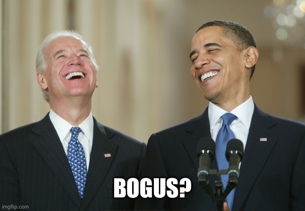 Biden Obama laugh | BOGUS? | image tagged in biden obama laugh | made w/ Imgflip meme maker