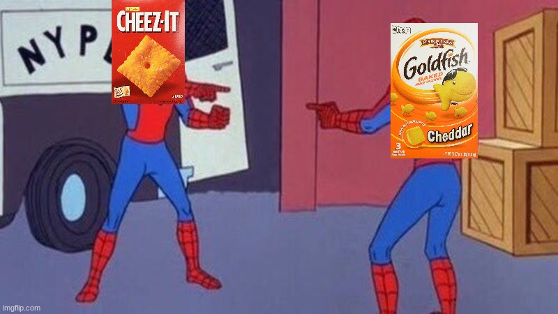 spiderman pointing at spiderman | image tagged in spiderman pointing at spiderman,cheese,crackers,battle | made w/ Imgflip meme maker