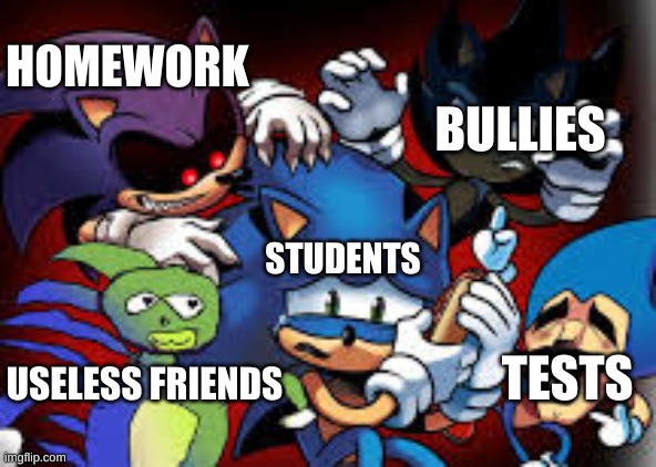 School be like: | BULLIES; HOMEWORK; STUDENTS; TESTS; USELESS FRIENDS | image tagged in scared sonic | made w/ Imgflip meme maker