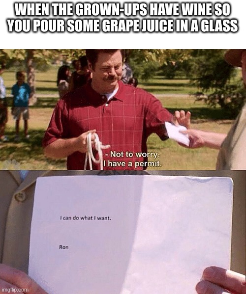 ah yes, alcohol | WHEN THE GROWN-UPS HAVE WINE SO YOU POUR SOME GRAPE JUICE IN A GLASS | image tagged in not to worry i have a permit | made w/ Imgflip meme maker