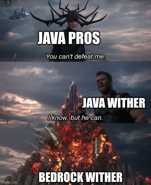 You can't defeat me | JAVA PROS; JAVA WITHER; BEDROCK WITHER | image tagged in you can't defeat me | made w/ Imgflip meme maker