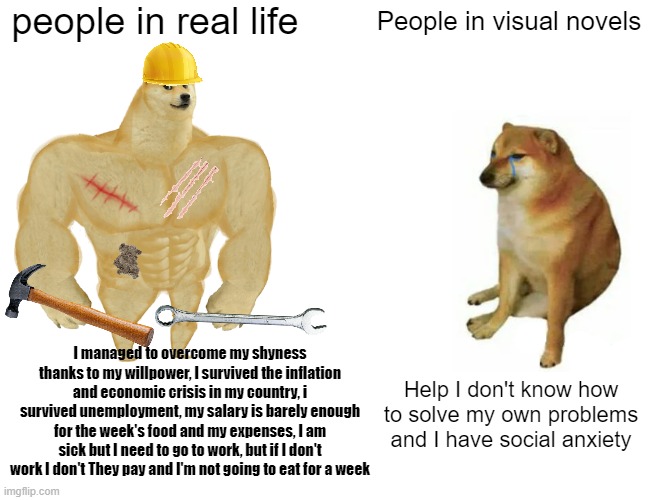 People in Real life vs People in Visual Novels (Remake) | people in real life; People in visual novels; I managed to overcome my shyness thanks to my willpower, I survived the inflation and economic crisis in my country, i survived unemployment, my salary is barely enough for the week's food and my expenses, I am sick but I need to go to work, but if I don't work I don't They pay and I'm not going to eat for a week; Help I don't know how to solve my own problems and I have social anxiety | image tagged in memes,buff doge vs cheems,reality,expectation vs reality | made w/ Imgflip meme maker