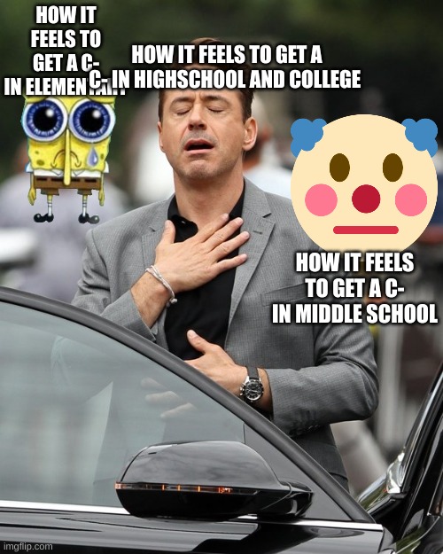Relief | HOW IT FEELS TO GET A C- IN HIGHSCHOOL AND COLLEGE; HOW IT FEELS TO GET A C- IN ELEMENTARY; HOW IT FEELS TO GET A C- IN MIDDLE SCHOOL | image tagged in relief | made w/ Imgflip meme maker