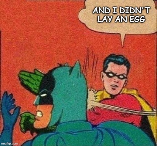 Robin Slaps Batman | AND I DIDN'T
LAY AN EGG | image tagged in robin slaps batman | made w/ Imgflip meme maker