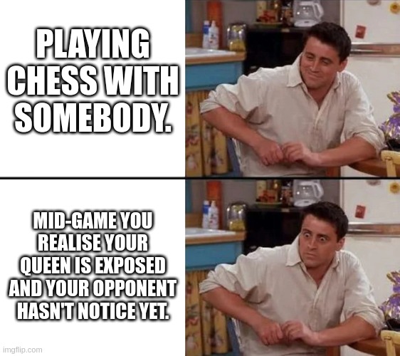 Chess slander | PLAYING CHESS WITH SOMEBODY. MID-GAME YOU REALISE YOUR QUEEN IS EXPOSED AND YOUR OPPONENT HASN'T NOTICE YET. | image tagged in surprised joey,chess | made w/ Imgflip meme maker