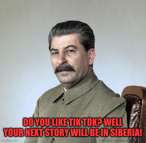 Do you like tik tok? GULAG! | DO YOU LIKE TIK TOK? WELL YOUR NEXT STORY WILL BE IN SIBERIA! | image tagged in joseph stalin,tik tok,chad,russia,gulag,stalin | made w/ Imgflip meme maker